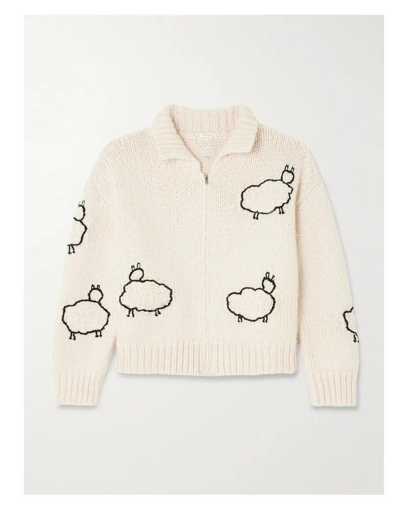 Mother The Crop Racquette Embroidered Wool And Cotton-blend Cardigan - Cream Cream