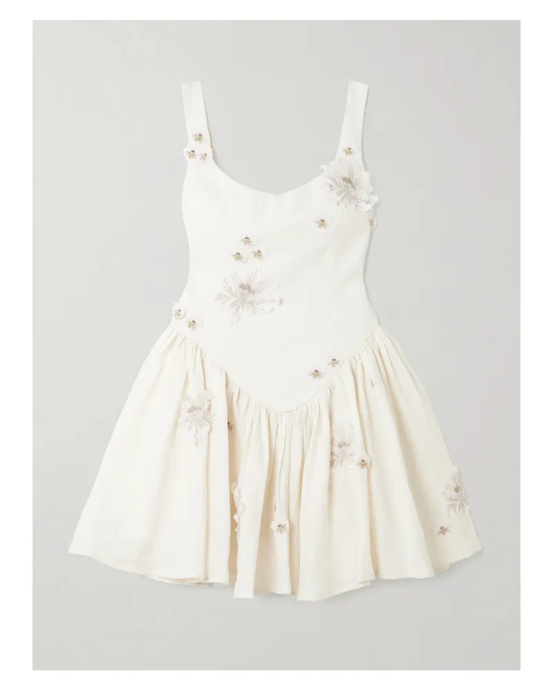 AGUA BENDITA Lima Embellished Appliquéd Linen Mini Dress - Off-white Off-white