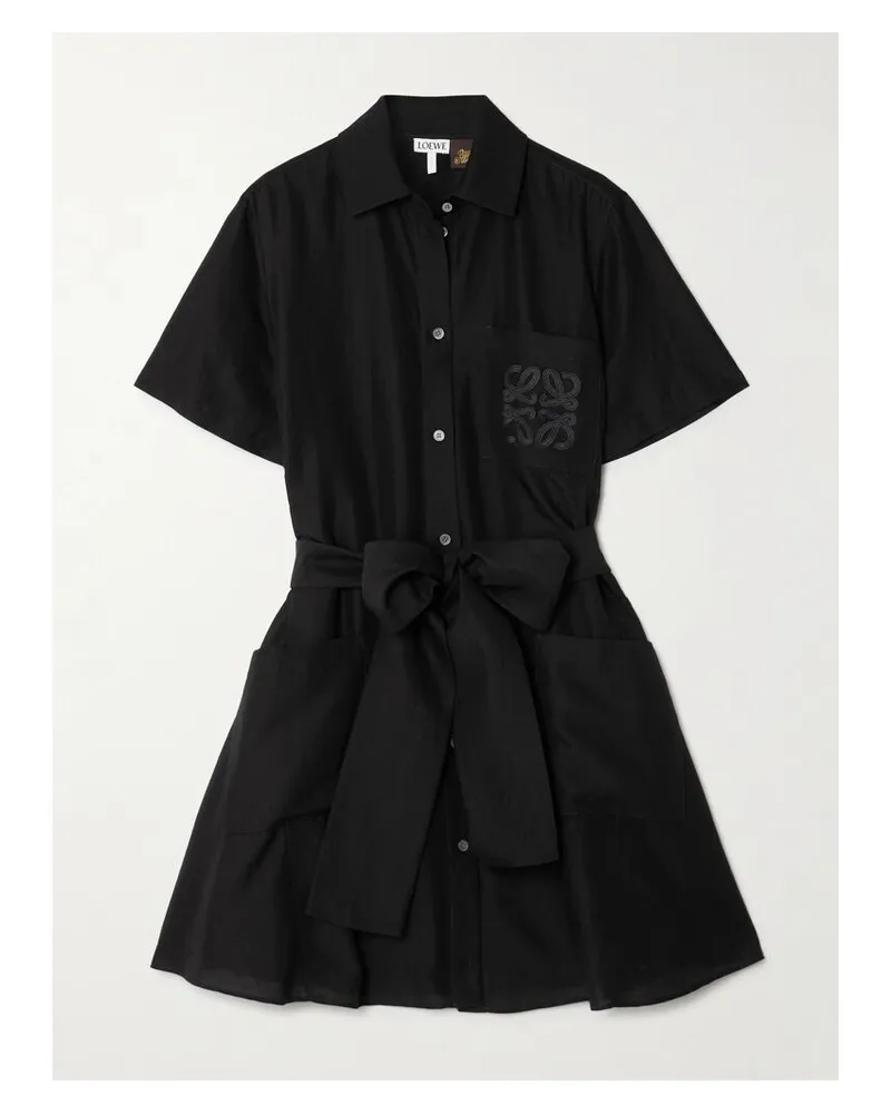 Loewe Paula's Ibiza Mini-hemdblusenkleid Aus Voile Mit Applikation Und Bindegürtel - Schwarz Schwarz