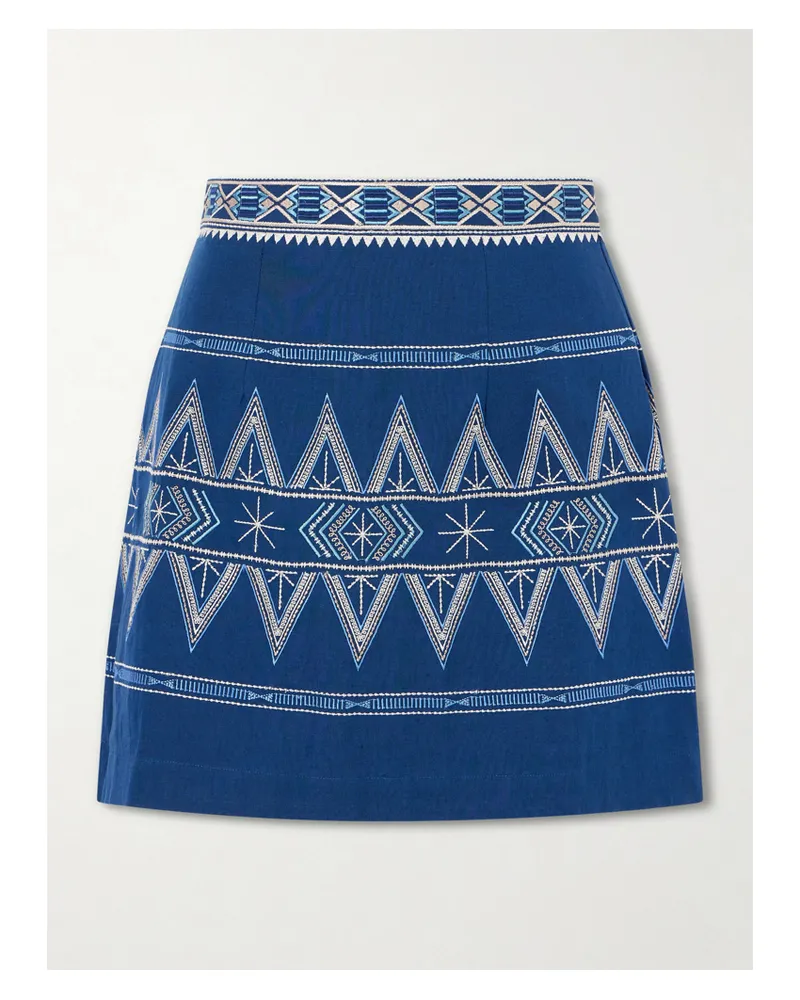 Emporio Sirenuse Giuliana Embroidered Cotton And Linen-blend Mini Skirt - Blue Blue