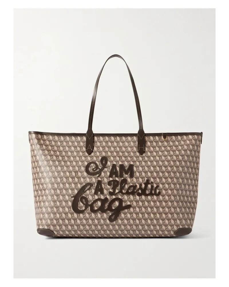 Anya Hindmarch I Am A Plastic Bag Leather-trimmed Coated-canvas Tote - Brown Brown