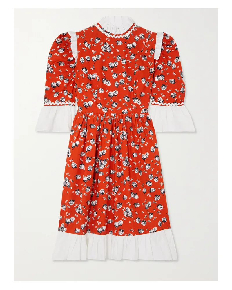 BATSHEVA Bedrucktes Minikleid Aus Baumwollpopeline Mit Rüschen - Rot Rot
