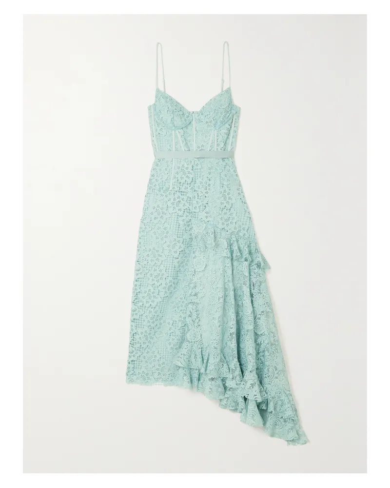 Erdem Melora Asymmetrisches Midikleid Aus Recycelter Spitze Mit Satinbesatz Und Rüschen - Blau Blau