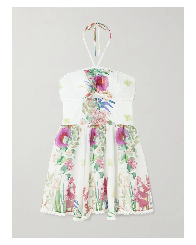 Charo Ruiz Alheli Lace-trimmed Cutout Floral-print Cotton-blend Voile Halterneck Mini Dress - White White