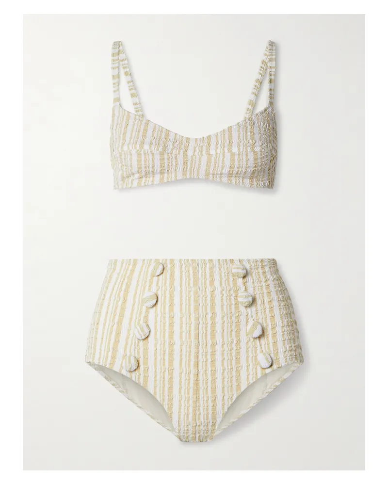Lisa Marie Fernandez Button-embellished Striped Seersucker Bikini - Neutrals Neutrals