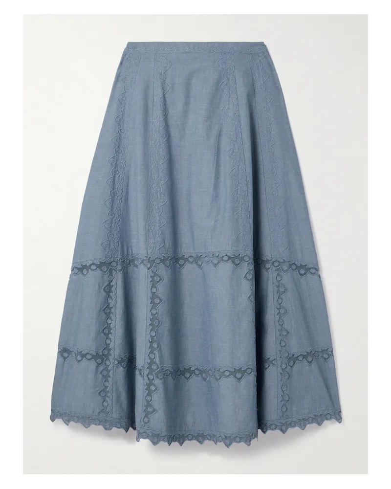Ulla Johnson Lucia Midirock Aus Baumwoll-chambray Mit Mesh-einsätzen Und Stickereien - Blau Blau