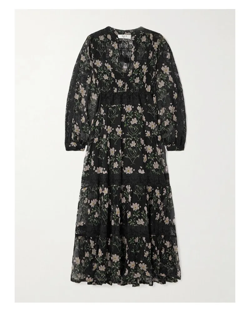 Sea Elizabeth Midikleid Aus Krepon Mit Blumenprint Und Spitzeneinsätzen - Schwarz Schwarz