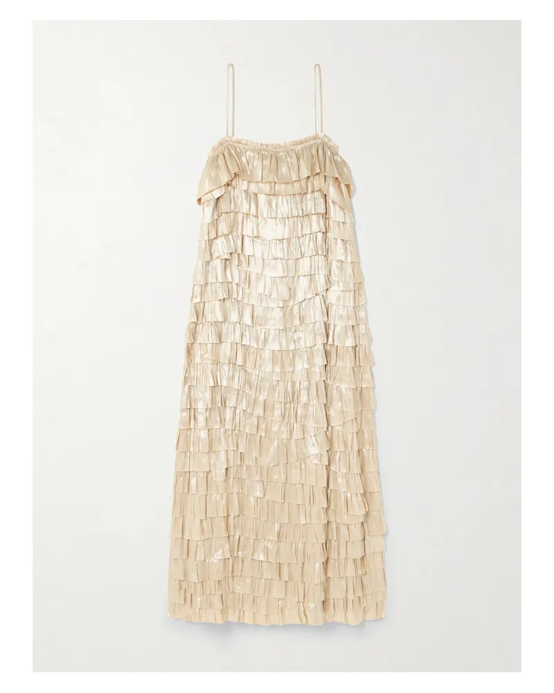 Ulla Johnson Samara Gestuftes Midikleid Aus Metallic-satin Mit Recycelten Fasern Und Raffungen - Gold Gold
