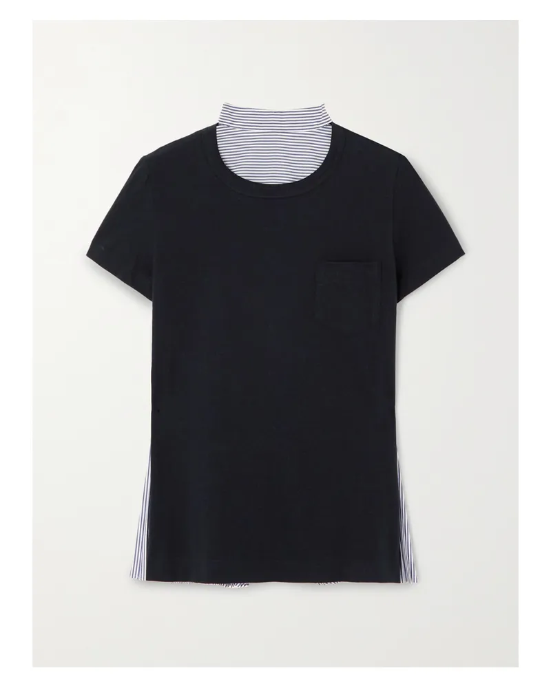 Sacai Pleated Paneled Cotton-jersey And Striped Poplin T-shirt - Blue Blue
