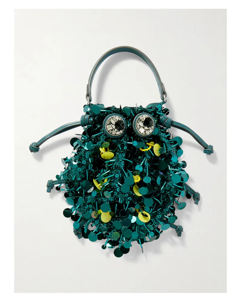 Anya Hindmarch Beetle Embellished Leather-trimmed Clutch - Blue Blue