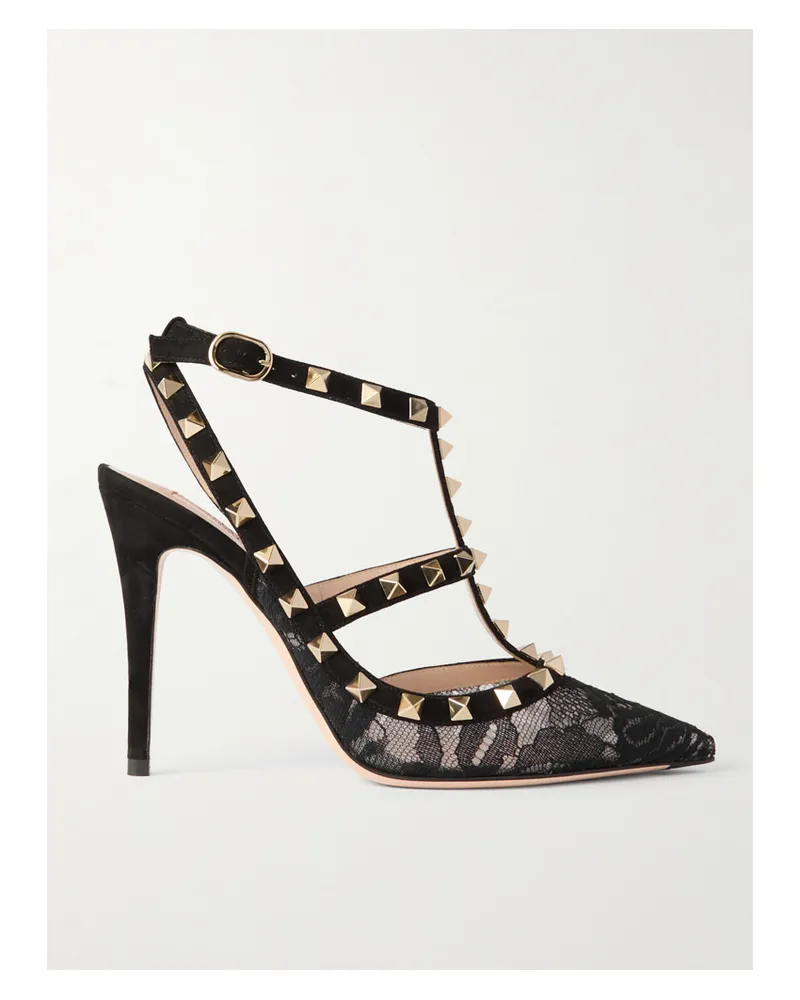 Valentino Garavani Rockstud 100 Suede-trimmed Lace Pumps - Black Black