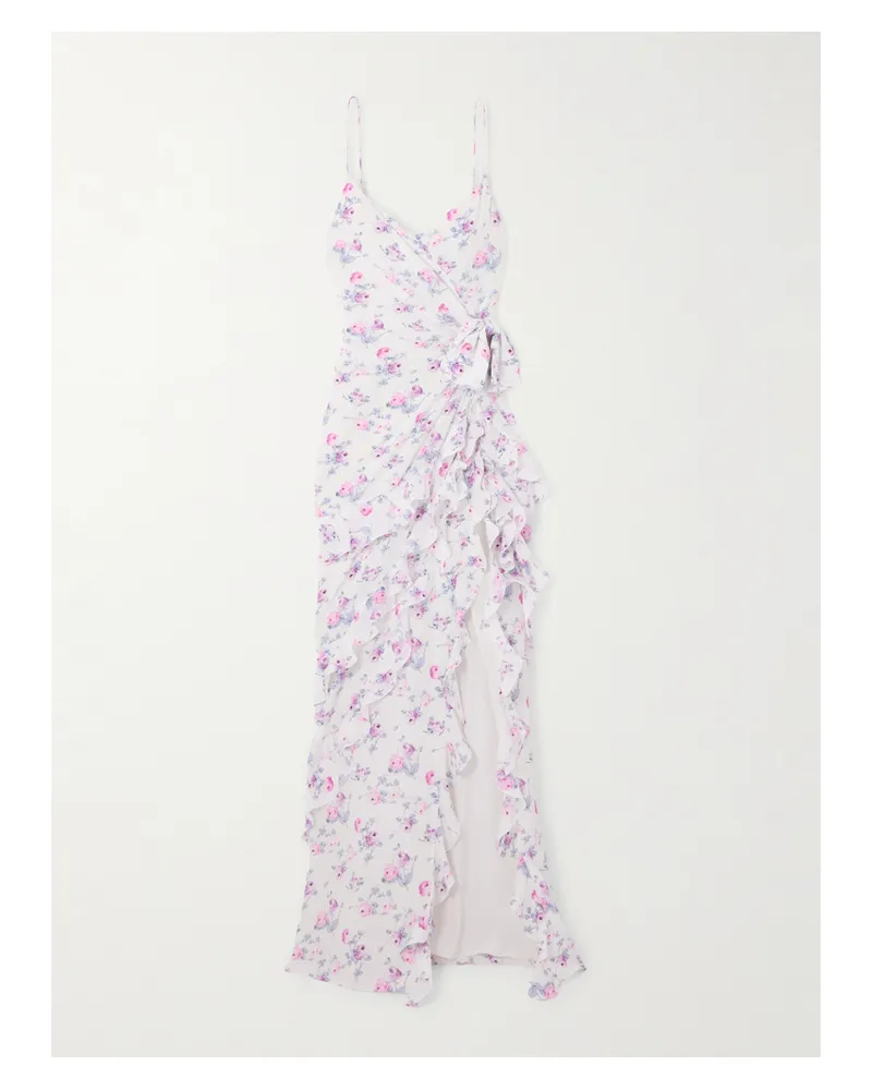 Alessandra Rich Robe Aus Seidensatin Mit Blumenprint Und Rüschen - Weiß Weiß