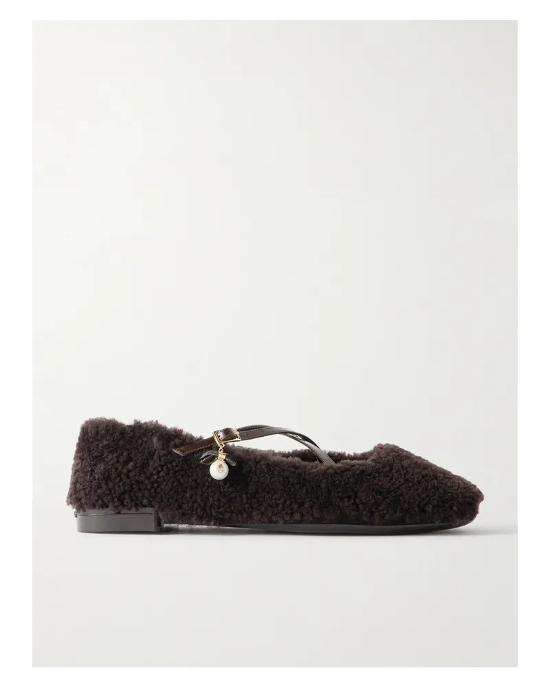 Jimmy Choo Eleri Embellished Patent Leather-trimmed Shearling Ballet Flats - Brown Brown