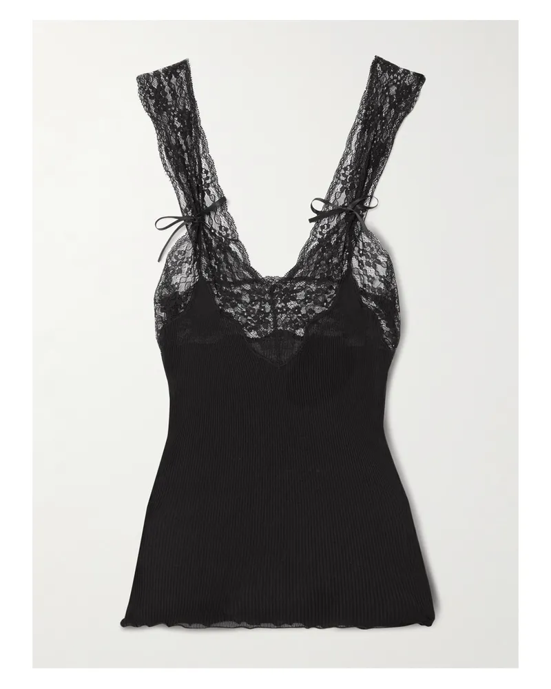 Saint Laurent Oberteil Aus Gerippter Seide Mit Spitzenbesätzen - Schwarz Schwarz