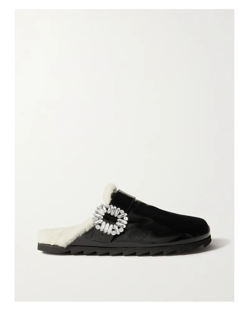 Roger Vivier Viv Slippers Aus Lackleder Mit Shearling-futter Und Kristallen - Schwarz Schwarz