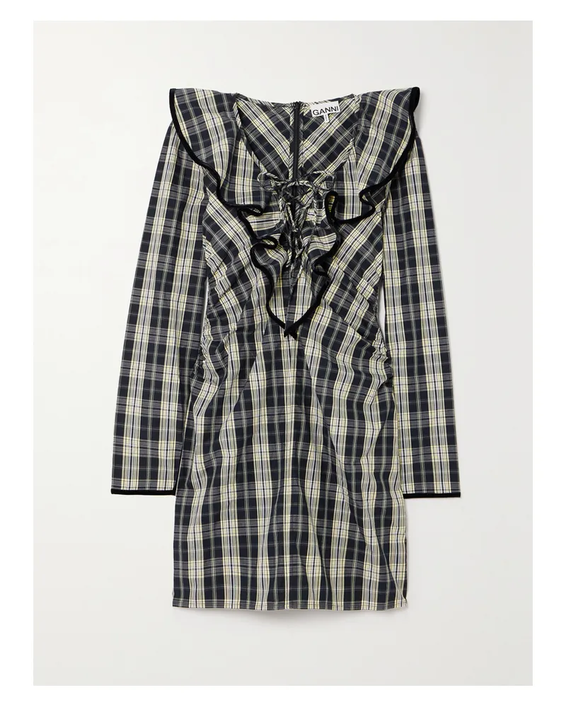 Ganni Net Sustain Minikleid Aus Biobaumwollpopeline Mit Rüschen Und Samtbesätzen - Schwarz Schwarz