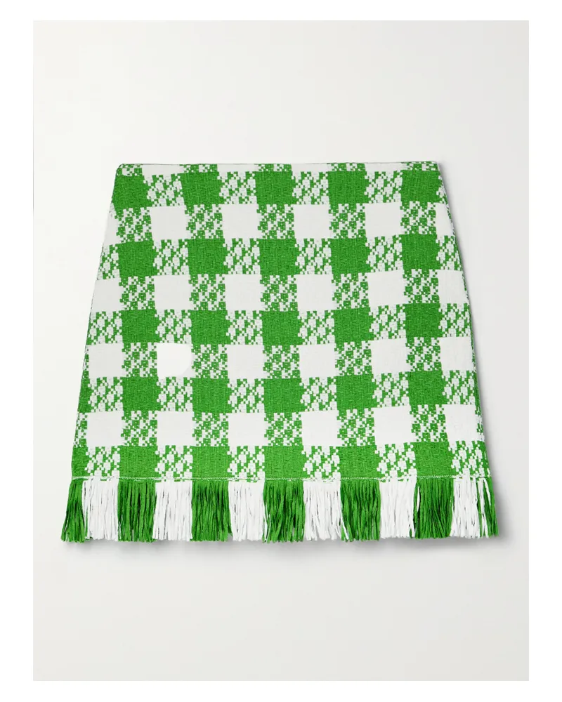 Oscar de la Renta Minirock Aus Kariertem Tweed Aus Einer Baumwollmischung Mit Fransen - Grün Grün