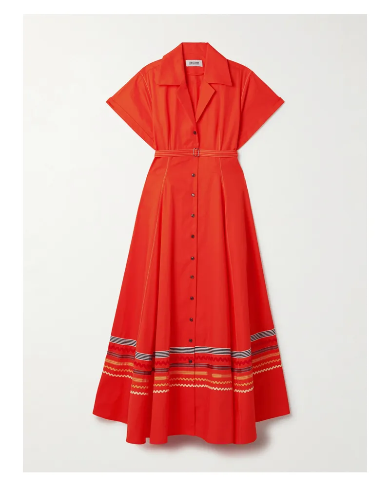 Christopher John Rogers Maxi-hemdblusenkleid Aus Baumwoll-twill Mit Ripsbandbesätzen, Zackenlitzen Und Gürtel - Orange Orange