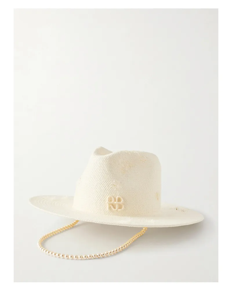 RUSLAN BAGINSKIY Embellished Distressed Straw Fedora - White White