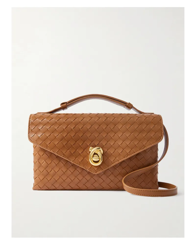 Bottega Veneta Knot Lock Medium Intrecciato Leather Shoulder Bag - Brown Brown