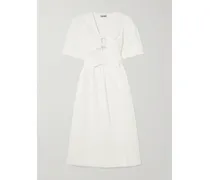Belted Tie-detailed Gathered Cotton-blend Poplin Midi Dress - White