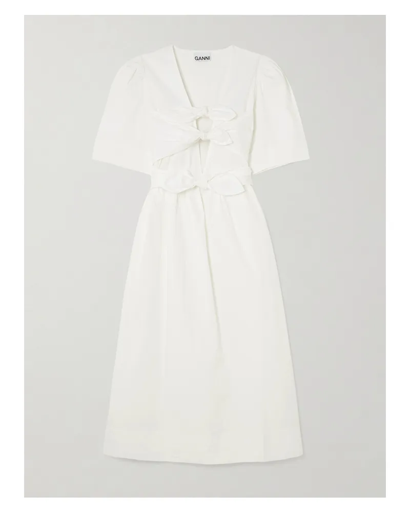 Ganni Belted Tie-detailed Gathered Cotton-blend Poplin Midi Dress - White White