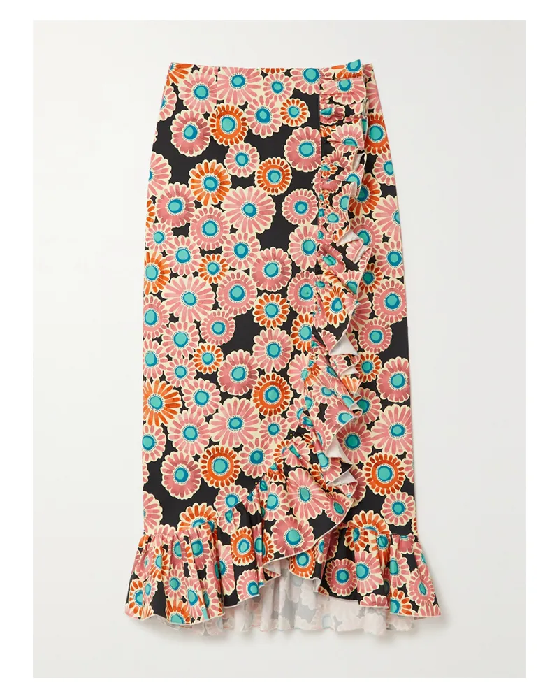 La DoubleJ Cascata Gerüschter Rock Aus Einer Baumwollmischung Mit Wickeleffekt Und Blumenprint - Orange Orange