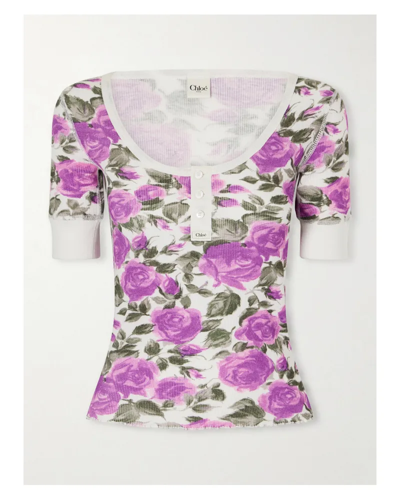 Chloé Floral-print Ribbed Stretch-cotton Jersey T-shirt - Purple Purple