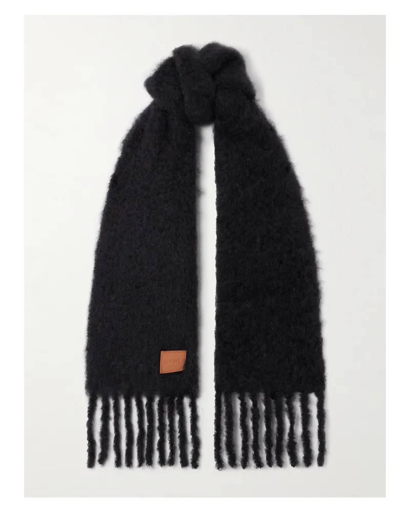 Loewe Fringed Appliquéd Leather-trimmed Brushed Mohair-blend Scarf - Black Black