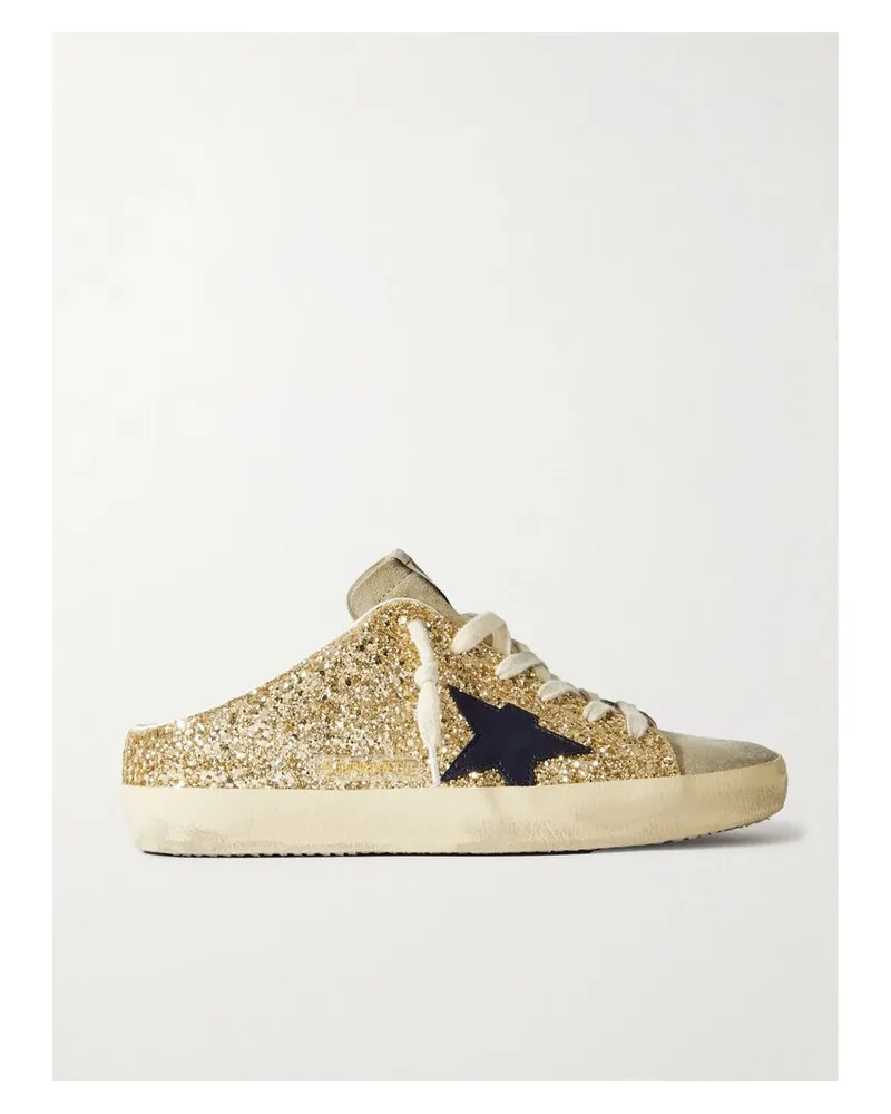 Golden Goose Super-star Sabot Slip-ons Aus Veloursleder Und Leder Mit Glitter-finish Und Lederbesatz In Distressed-optik Gold