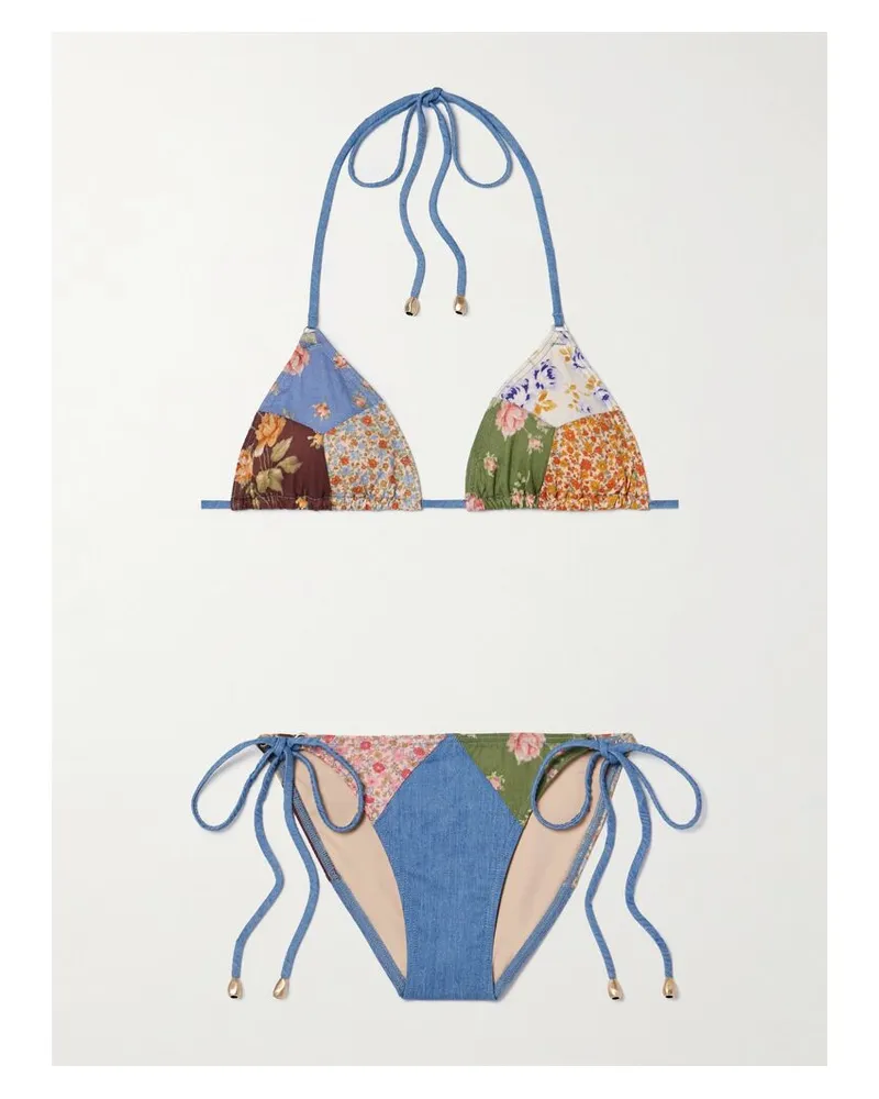 Zimmermann Lucky Triangel-bikini Aus Baumwolle Mit Blumenprint Und Chambray In Patchwork-optik - Mehrfarbig Mehrfarbig
