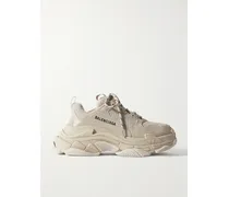 Triple S Logo-embroidered Leather, Nubuck And Mesh Sneakers - Neutrals