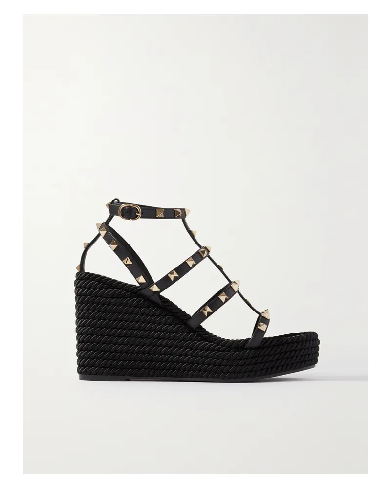 Valentino Garavani Valentino Garavani Rockstud 95 Espadrille-wedges Aus Raffiabast Mit Lederbesätzen - Schwarz Schwarz