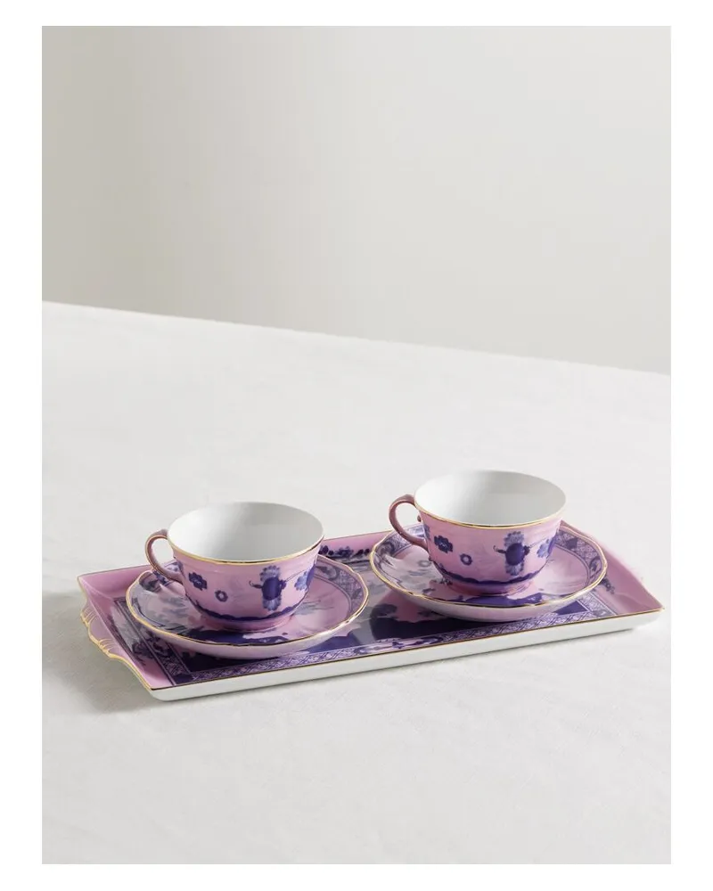 Ginori 1735 Set Aus Zwei Teetassen Mit Untertassen Und Tablett Aus Porzellan Mit Vergoldeten Details - Pink Pink