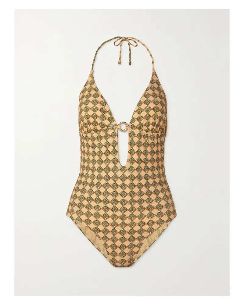 Tory Burch Bedruckter Neckholder-badeanzug Mit Verzierung - Grün Grün