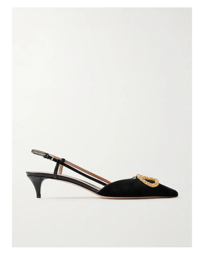 Valentino Garavani Vlogo Embellished Velvet Slingback Pumps - Black Black