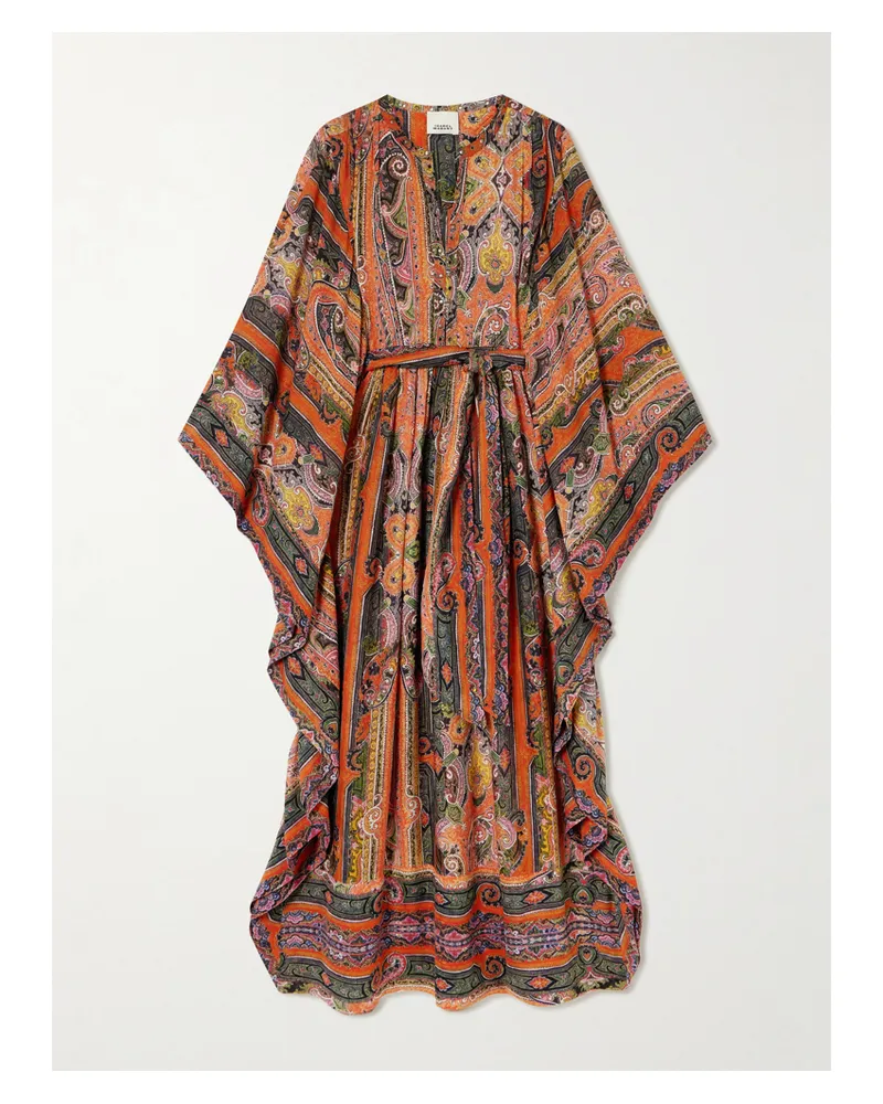 Isabel Marant Melinda Maxikleid Aus Bedrucktem Seiden-voile Mit Bindegürtel Und Verzierungen - Orange Orange