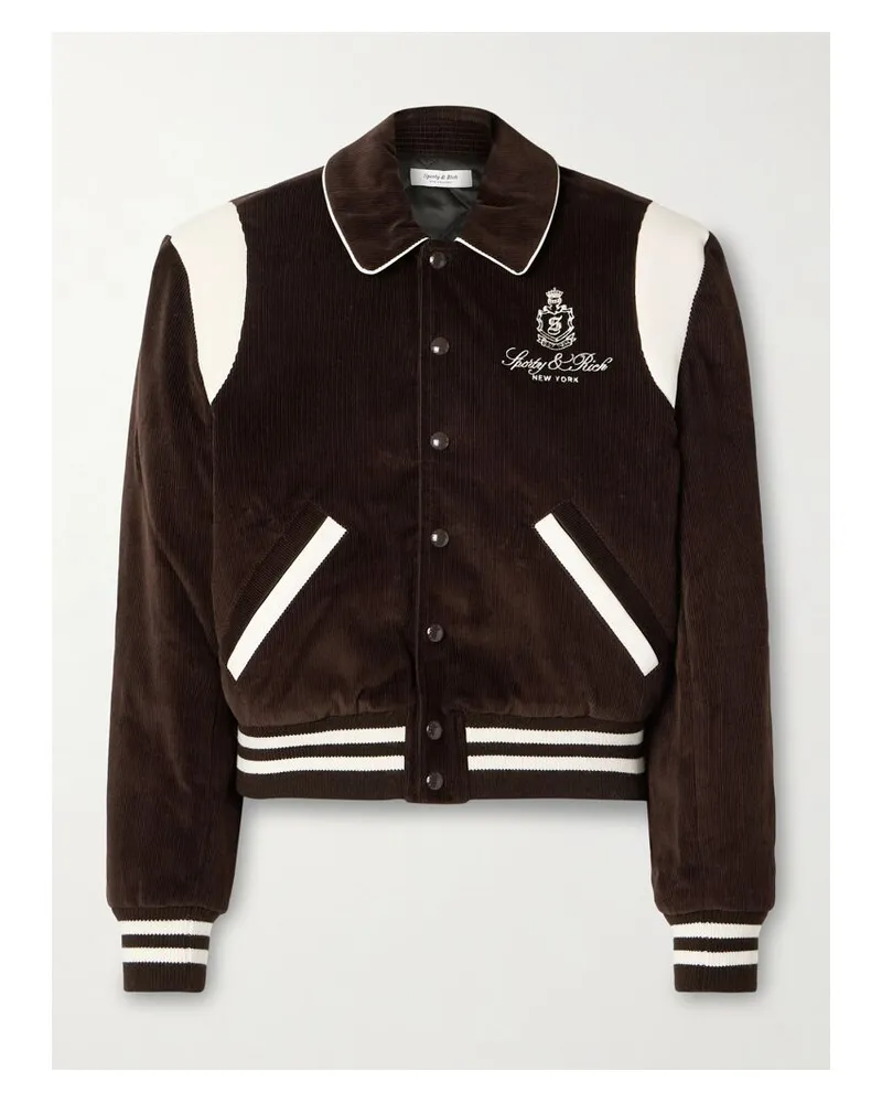 SPORTY & RICH Dany Wattierte Bomberjacke Aus Baumwollcord Mit Lederbesätzen Und Stickerei - Braun Braun