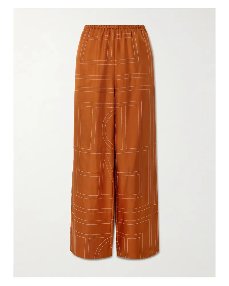 Totême Hose Mit Weitem Bein Aus Besticktem Seiden-twill - Orange Orange