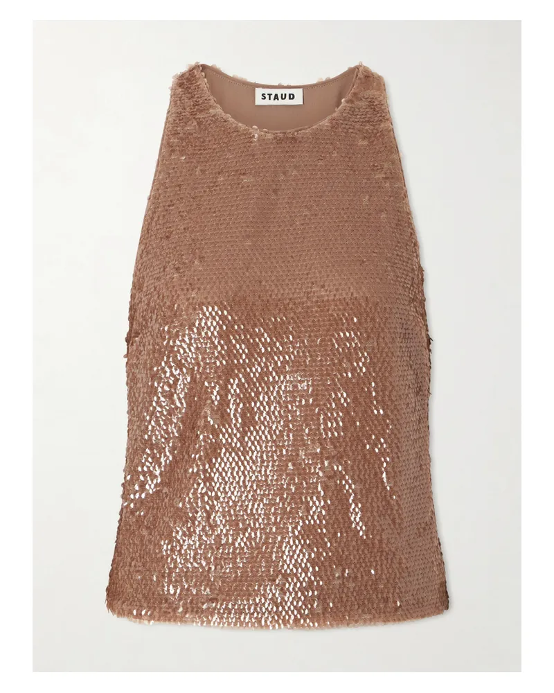 STAUD Bree Sequined Tulle Top - Brown Brown