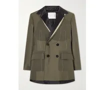 Double-breasted Pleated Embroidered Satin-trimmed Organza Blazer - Green