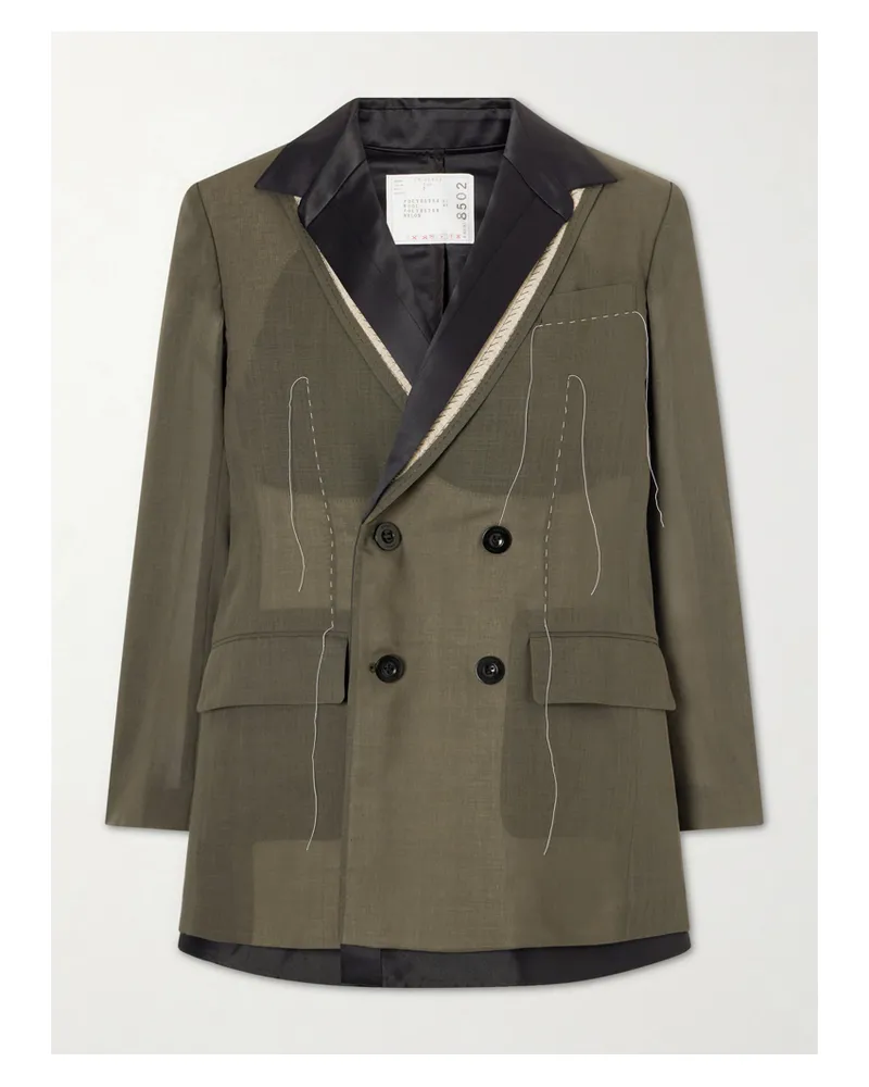 Sacai Double-breasted Pleated Embroidered Satin-trimmed Organza Blazer - Green Green
