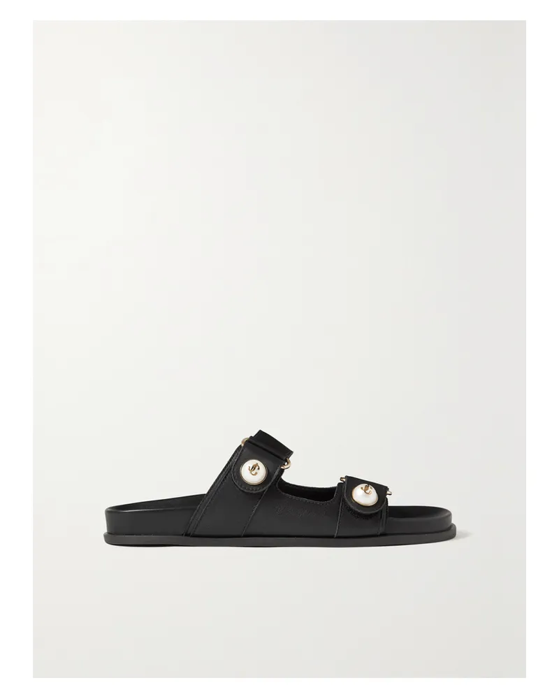 Jimmy Choo Fayence Faux Pearl-embellished Leather Slides - Black Black