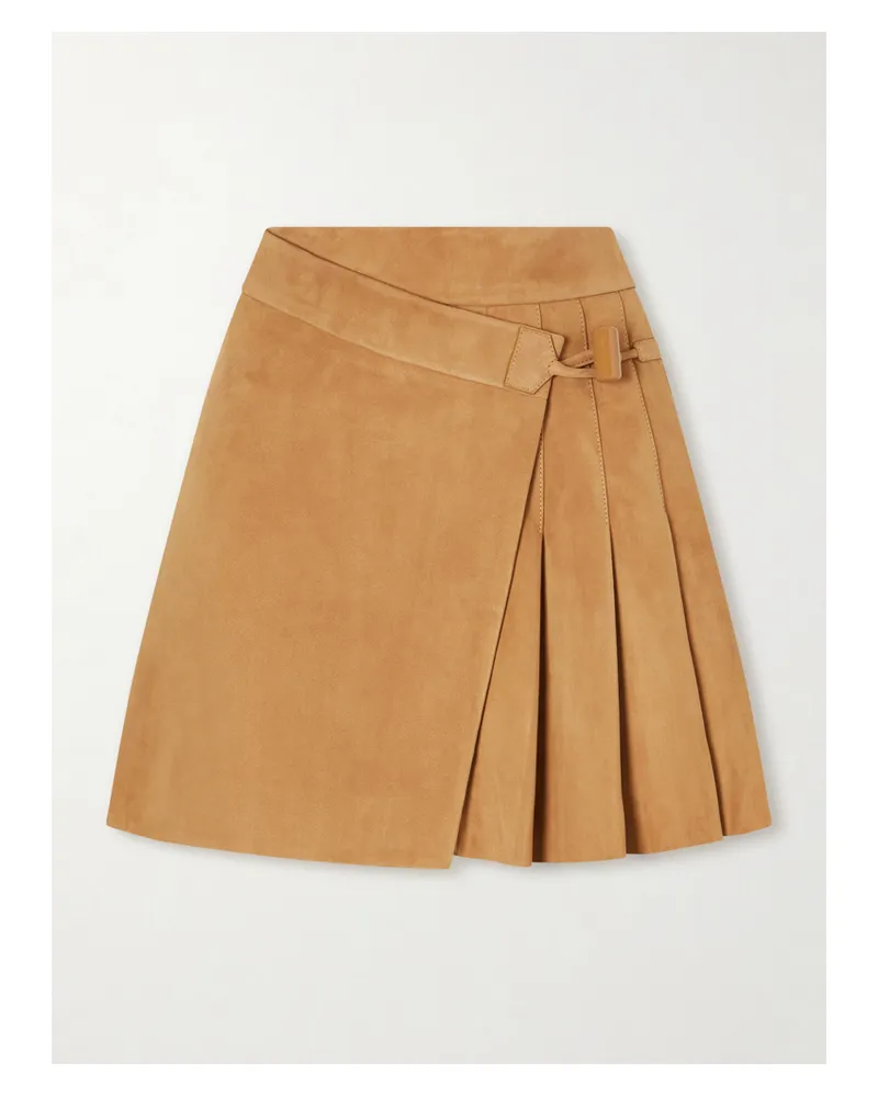 Loewe Pleated Suede Mini Wrap Skirt - Brown Brown