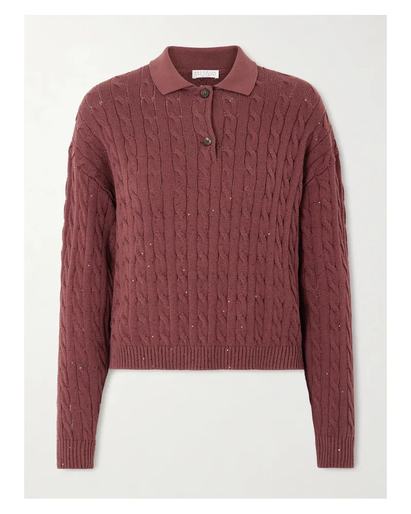 Brunello Cucinelli Sequined Cable-knit Cotton-blend Sweater - Burgundy Burgundy
