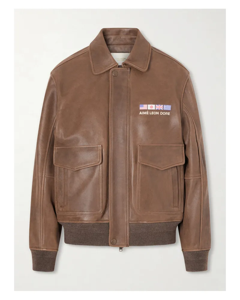 Aimé Leon Dore World’s Borough Printed Leather Jacket - Brown Brown