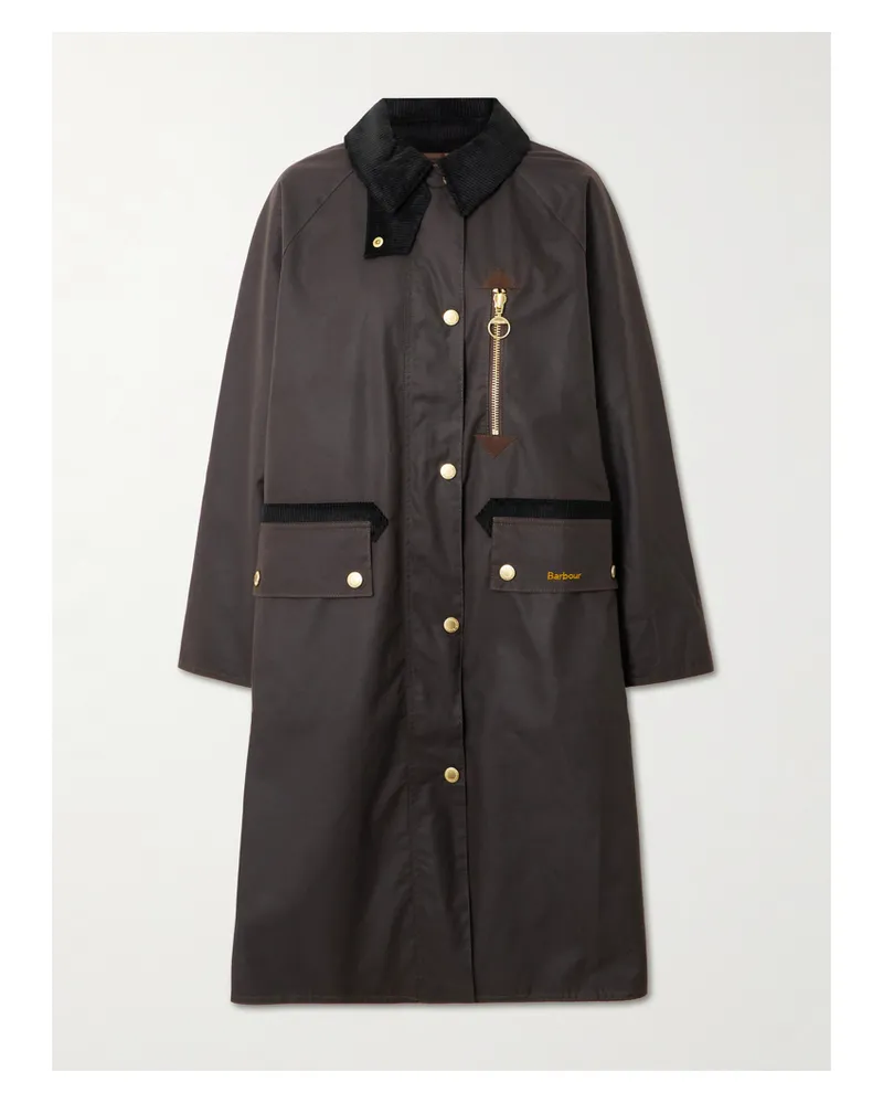 Barbour Evette Corduroy-trimmed Waxed-cotton Trench Coat - Brown Brown