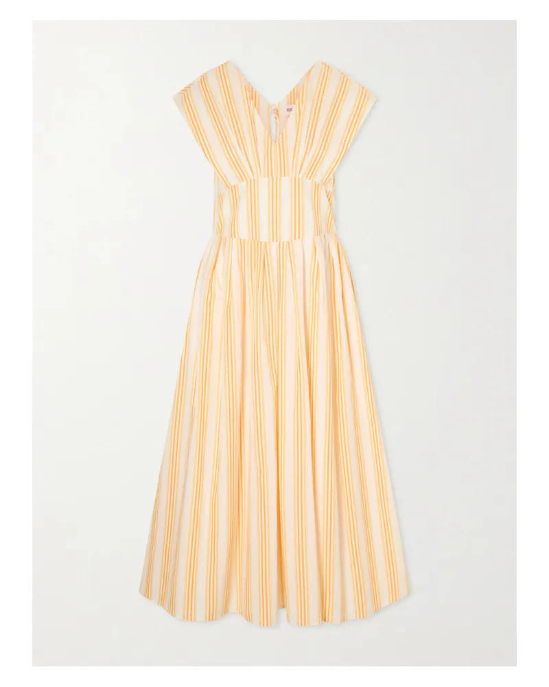 Rosie Assoulin In Full Bloom Gathered Striped Cotton-taffeta Midi Dress - Orange Orange