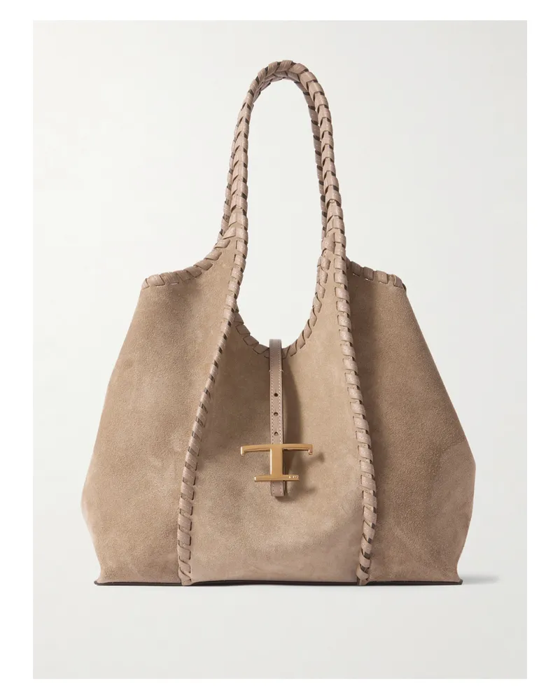 TOD'S T Timeless Whipstitched Leather-trimmed Suede Shoulder Bag - Brown Brown