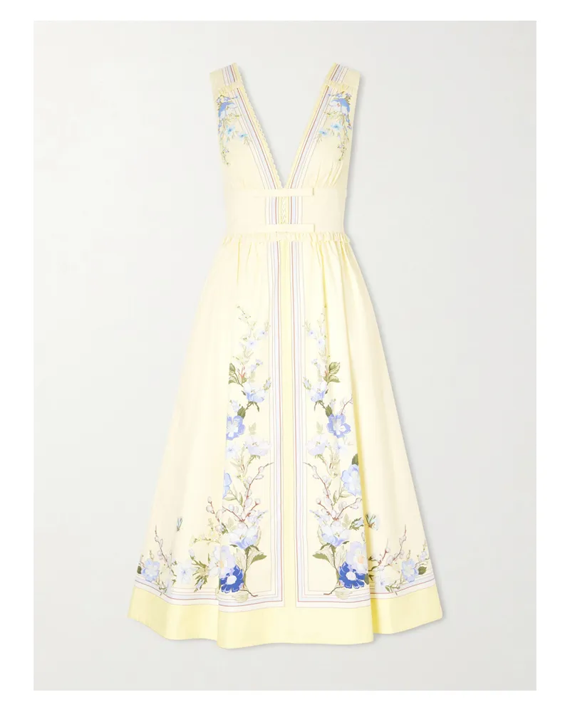 Self-Portrait Bow-detailed Floral-print Cotton Midi Dress - Yellow Yellow